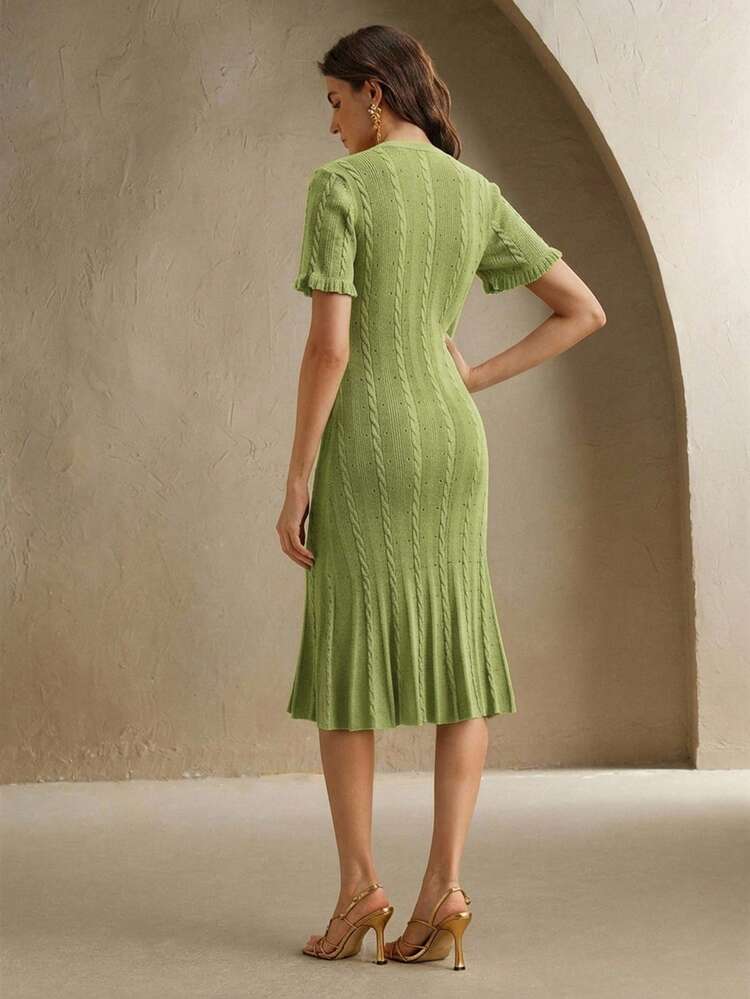 Elegant Solid Color Knitted Heavy-Weight Perforated Twist Rope Aran Cable Knit Long Sleeve Frill Trim Button-Up Fishtail Dress, Suitable For Autumn, Winter, Formal, Party, Fashionable Occasions Like New Year, Christmas, Work, Graduation, Wedding