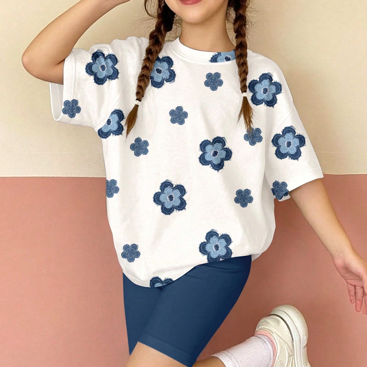 Set de 2 piezas de camiseta de manga corta con cuello redondo y estampado floral, y shorts ajustados para niñas preadolescentes, adecuado para uso di