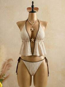 Swim SXY 2026 Ensemble de tankini 2 pièces pour femmes, tenue de plage pour vacances. Élégant, romantique et sexy. Tissu bohème à texture ondulée. Garniture en tricot de luxe minimaliste bicolore. Décoration de bouton en métal délicat en forme d'étoile de mer. Ourlet volant naturel. Coupe affinante. Nœud papillon réglable. Doublure de bonnet amovible. Col ras-du-cou. 2 pièces pour la plage. - Kaki - Voir 13