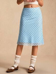 Easelle Chân váy lưới chấm bi Xuân/Hè 2026, lưới màu xanh dương, phong cách retro thường ngày. - Màu xanh lam - Xem 5