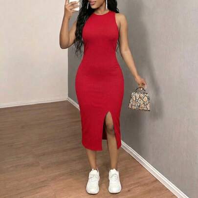 Vestido casual de mujer, sin mangas, cuello redondo, abertura en la pierna, cómodo, té por la tarde, playa, fiesta, festival de música, elegante, playa, vacaciones,Ropa de punto para mujer, vestido