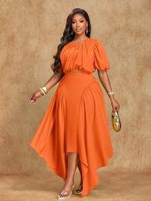 Brilight Women's Beach Vacation Style Puff Sleeve Ruched Waist-Cinching Blosue And Asymmetric Hem Handkerchief-Hem Structured Panel Maxi Skirt Two Pieces Outfit,Perfect For Commute And Vacation,Music Festival Sexy Club School - Orange - View 7