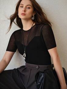 MOTF PREMIUM 女士短袖修身半透明针织上衣 - 黑色 - 查看 6