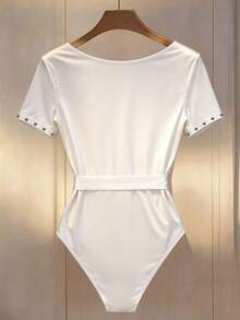 Elenzga Áo liền thân nữ thanh lịch, thoải mái, cổ vuông, đính đinh tán, phối vải, kèm nơ thắt lưng. - trắng - Xem 2