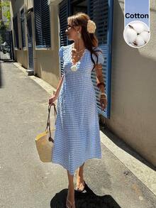 Serisse 女士格子短袖中长连衣裙 - 彩色 - 查看 10