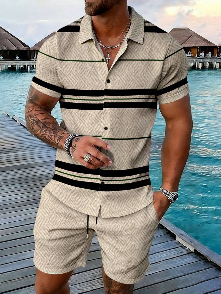 Manfinity RSRT Conjunto casual de camisa de manga corta con botones y estampado de rayas, y pantalones cortos con bolsillo en diagonal para hombre - Multicolor - Ver 1