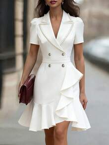 Ellegaria. 高端白色缎面领珍珠装饰双排扣连衣裙，法式复古泡泡袖收腰荷叶边鱼尾裙，通勤、约会、晚宴礼服，优雅修身白色正式连衣裙 - 白色 - 查看 3