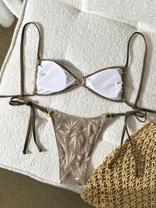 Swim Mod 女士泳装套装，特殊面料，环扣连接，系带式，两件套，夏季海滩度假 - 棕色 - 查看 2