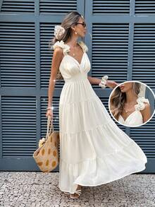 Serisse 女士纯色荷叶边露肩无袖连衣裙，时尚度假之选 - 杏色 - 查看 1