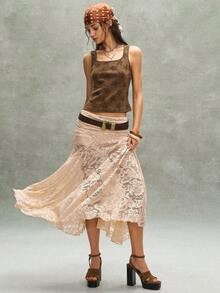 Bohemela Chân váy nữ dáng rộng, màu trơn, chất liệu dệt kim ren, vạt bất đối xứng. - Màu be - Xem 8