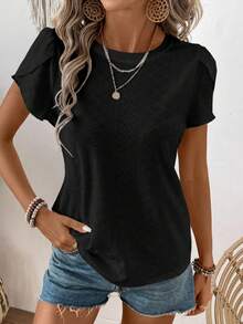 SHEIN LUNE Áo thun nữ tay ngắn cổ tròn màu trơn dáng casual - màu đen - Xem 3