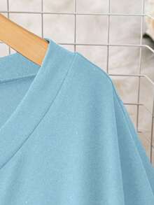 SHEIN CURVE+ Đầm thun dệt kim dáng rộng, cổ chữ V, tối giản, cỡ lớn, kiểu dáng thường ngày. - Màu xanh nhạt - Xem 3