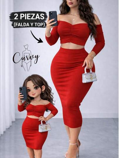 Curvy set conjunto dos piezas mujer dama femenino falda lápiz top fruncido talle alto estilo casual comodo versatil sin mangas basico minimalista monocromatico lindo coqueto grande formal fiesta calle dia noche primavera verano