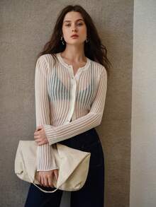 MOTF PREMIUM WOMEN'S FRONT BUTTON RIBBED KNIT SHEER CARDIGAN - White - View 6