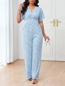 Lunelith SHEIN Lunessa 女士V领短袖条纹印花弹力腰修身休闲连体裤 - 淺藍色 - 查看 3