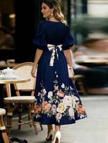 Balvessa 优雅通勤印花连衣裙 - 藏蓝色 - 查看 2