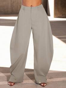 Vixey High Waisted Barrel Office Pants With Gold Button Cuffs - Grey - View 3