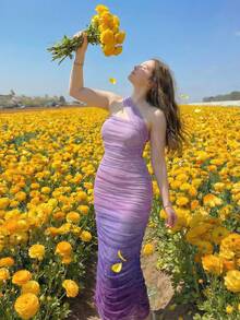 SHEIN MOD 大码女童粉色扎染褶皱紧身连衣裙，优雅不对称肩部设计，适合派对/活动穿着 - 紫色 - 查看 7