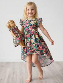 SHEIN Young Girl Chiffon Ditsy Floral Round Neck Ruffle Hem Casual Dress - Multicolor - View 3