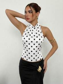 Aloruh White Polka Dot Backless Camisole, Elegant For Commuting, Sexy For Vacation,Summer Top - White - View 3