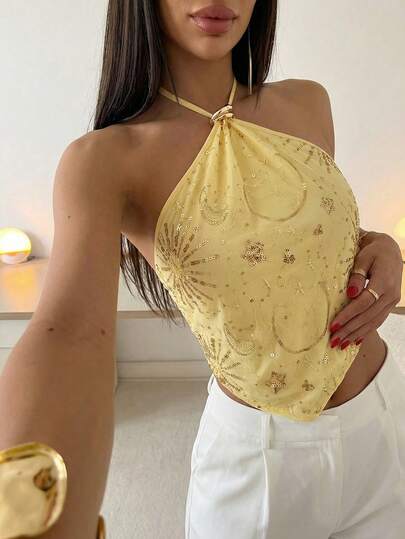 Firerie Sexy Backless Sequin Spaghetti Strap Tie-Up Blouse, Yellow Summer Top, Sequin Yellow Blouse, Sequin Blouse, Women's Yellow Spaghetti Strap Tie-Up Top, Backless Bow Tie Blouse, Sexy Sequin Backless Festival Party Top, Metal Detail Asymmetric Hem Camisole, Spring/Summer Apparel, Elegant, Workwear, Date, Party, Music Festival, Wedding Season, Graduation, Prom, Performance, Boho, Vacation, Bohemian, Beach, Blouse