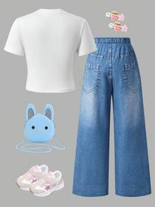 SHEIN ChillGRL 两件套少女仿牛仔印花紧身T恤和仿牛仔卡通链条印花长裤套装，休闲日常风格 - 藍色 - 查看 6