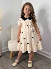 SHEIN Đầm dệt kim cổ Peter Pan phối màu tương phản dành cho bé gái, kiểu dáng thường ngày. - Màu be - Xem 3
