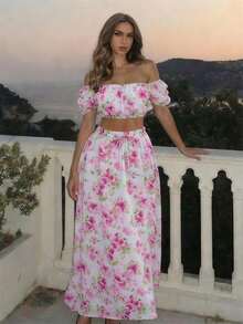 Lucivie 女士浪漫露肩碎花两件套 | 荷叶边短款上衣和长裙套装，性感优雅的春夏度假约会装 - 粉色 - 查看 3