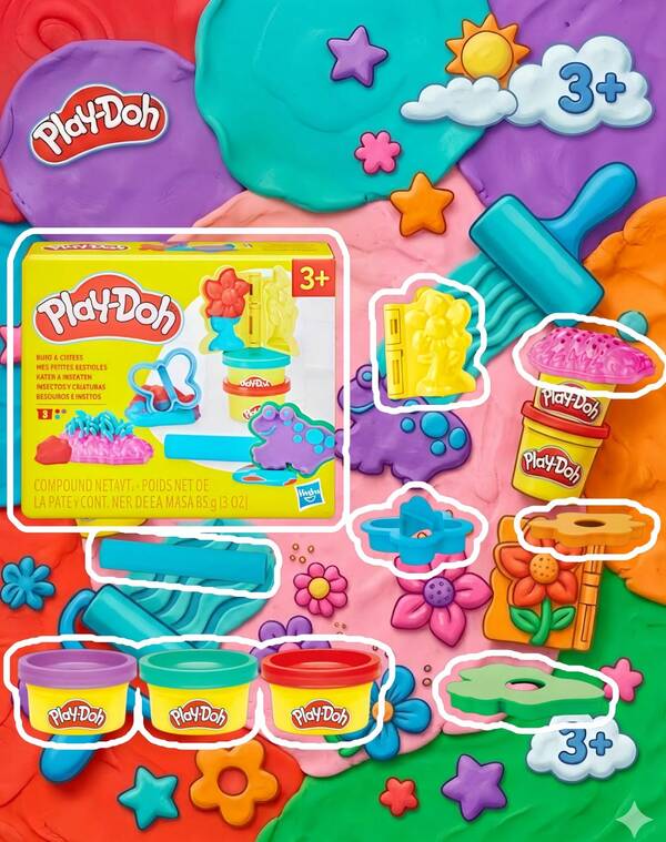 Hasbro Modeling Clay Playset With Molds And Tools, 3 Color Soft Dough Kit 85g, Flower And Bug Shape Cutters, Creative DIY Craft Activity Set, Easy Shape Reusable Compound For Art Projects Gift Idea