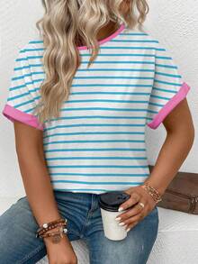 EMERY ROSE Camiseta casual versátil de talla grande con cuello redondo, manga corta y estampado de rayas para mujer, nueva colección primavera/verano - Blanco - Ver 6