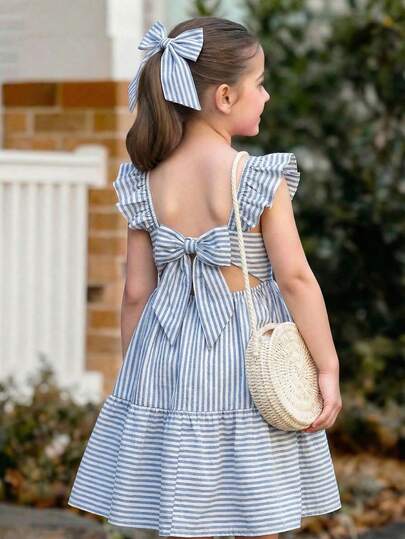 Serisse Kids Tween Girls' Summer Vacation Casual Cap Sleeve Hollow Bowknot Decor Blue & White Striped A-Line Dress  Vintage Dress Picnic Dress Blue White Striped Back Bow Decor Dress Vintage Dress Blue Vacation Dress Tea Party Dress Summer Dress Vintage Dress Girl Spring Dress Bow Back Dress Blue Striped Dress Striped Sundress
