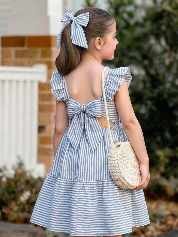 Serisse Kids Tween Girls' Summer Vacation Casual Cap Sleeve Hollow Bowknot Decor Blue & White Striped A-Line Dress  Vintage Dress Picnic Dress Blue White Striped Back Bow Decor Dress Vintage Dress Blue Vacation Dress Tea Party Dress Summer Dress Vintage Dress Girl Spring Dress Bow Back Dress Blue Striped Dress Striped Sundress