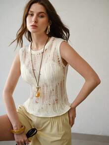 MOTF PREMIUM FRENCH LUXURY SPRING/SUMMER DISTRESSED CROCHET SLEEVELESS RUFFLE TRIM KNIT TOP - White - View 2