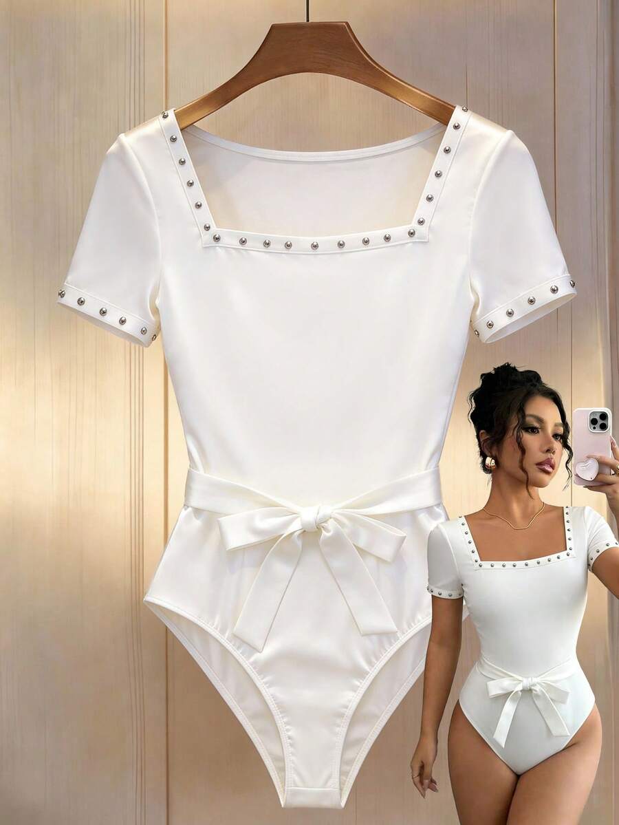 Elenzga 女士优雅休闲方领铆钉织带拼接连体衣，配蝴蝶结腰带 - 白色 - 查看 1