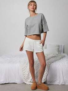 WESTFADE Quần short dệt kim kiểu dáng dễ thương, cạp trung bình, buộc dây phía trước. - trắng - Xem 11