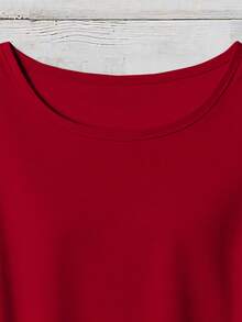 SHEIN VCAY Plus Size Women's Solid Color Round Neck Pleated Casual Versatile Daily Wear Blouse - Red - View 6