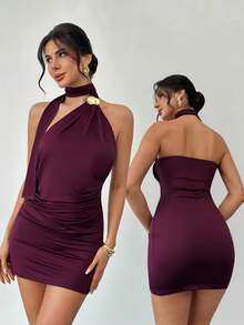 Firerie 女士优雅、精致、浪漫、端庄、简约通勤及日常穿着短裙，情人节约会之选 - 中紫紅色 - 查看 6