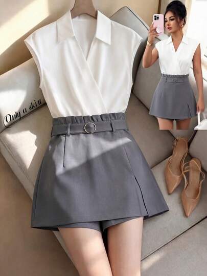 Franclia Grey Suit Fabric Shorts, High-Waisted Cut, Gold Contrasting D-Ring Buckle Embellishment, Simple And Sophisticated, Suitable For Office Commutes And Semi-Formal Occasions. The Culottes Feature A Side Slit Design, Elegant For Work, Versatile And Suitable For Various Occasions, Including Summer, Spring, Carnivals, Beach, Parties, Birthdays, Elegant Occasions, Vacations, Casual Wear, And Graduation Season Attire. Summer, Summer Skirts, Summer Outfits, Spring Clothing, Spring Break Outfits, Spring Clothing, Women's Party Skirts, Beach Skirts, Women's Beach Outfits, Women's Elegant Outfits, Women's Vacation Outfits, Women's Casual Outfits, Women's Casual Shorts, Grey Shorts.Graduation Season Attire, Fashionable Casual Commuter Wear, Business Office Wear, Versatile And Stylish Everyday Casual Wear, Urban Teacher's Professional Attire