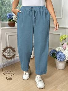 EMERY ROSE Plus Size Women Cotton Fold-Over Waist Tie Casual Pants Fall - Dark Wash - View 1