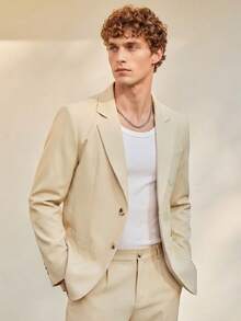Manfinity Homme 男士简约纯色纽扣领西装套装，适合通勤穿着 - 米色 - 查看 3