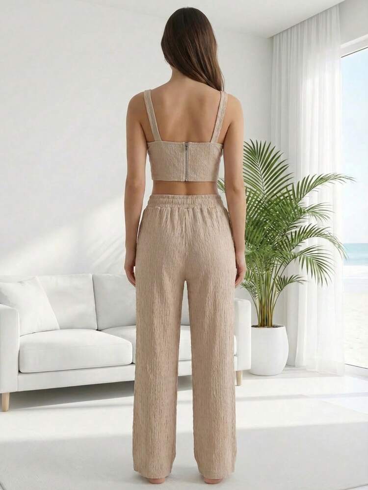 Conjunto de dos piezas de mujer, crop top de tirantes y pantalón largo corte recto pierna ancha fluida tejido ligero , tela texturizada, ajuste cómodo, ideal para looks casuales, playa, vacaciones y outfits relajados día noche casual, urbano, jardín primavera verano - Mocha - Añade 5
