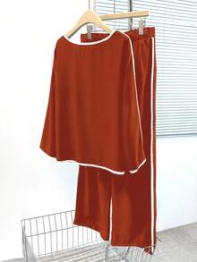 EMERY ROSE Plus Size Women 2 Pieces Set, Contrast Color Round Neck Long Sleeve Top And Pants, Casual Daily Wear - Orange - View 2