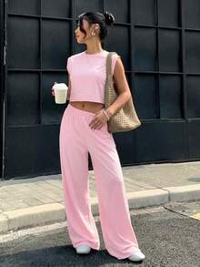 Muchica Bộ 2 món áo và quần dài cổ tròn dáng rộng màu trơn cho nữ, màu hồng. - Hồng - Xem 3