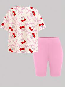 Cream White & Cream Pink, Sweet Girl Bow Print, Tween Girl Casual Minimalist Comfortable Round Neck Loose Short Sleeve T-Shirt And Bike Shorts Set, Suitable For Daily Wear, Street Style, Outings, Home, Vacation, Homecoming, Back To School, Spring & Summer - Multicolor - View 2