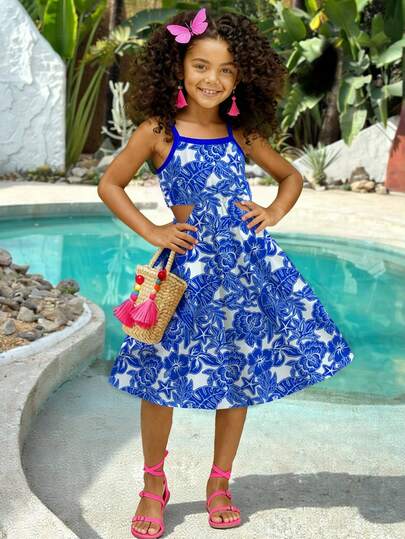 Vestido corto de gasa con estampado floral de porcelana azul y blanco, sin mangas, cintura acortada, para niña preadolescente, uso casual y de verano, cómodo para el día a día, adecuado para vacaciones de verano, estilo atmosférico