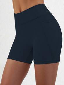 Dark Blue Athletic Shorts For Tween Girls, Featuring A Creative Paneled Construction With Functional Side Pockets, Made From High-Stretch Comfortable Fabric For Unrestricted Movement, Ideal For Cycling, Jogging, Yoga Sessions, And Versatile Training Activities - Navy Blue - View 6