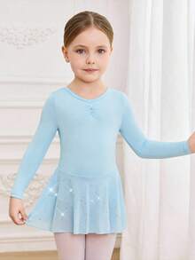 Robe de danse en maille tricotée bleue avec sequins pour jeunes filles, style mode outdoor. Justaucorps de danse ajusté avec nœud papillon dans le dos, stretch doux - Bleu azur - Voir 6