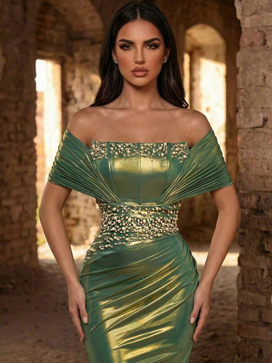 Glamrae Elegante y lujoso vestido de sirena con hombros descubiertos, fruncido y abertura, adornado con cuentas, apropiado para bodas, eventos, fiestas, vacaciones, galas y ocasiones formales - Verde - Ver 1