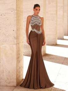 Glamrae Váy bơi đuôi cá sang trọng, đính sequin thêu họa tiết, co giãn, thích hợp cho đám cưới, tiệc tùng, kỳ nghỉ, tiệc chiêu đãi, dạ hội (chất liệu bền chắc) - Cà phê nâu - Xem 9