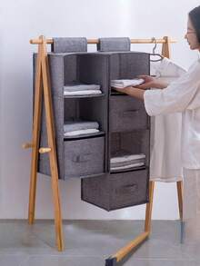 1pc Wardrobe Hanging Rack, 3-Tier, 4-Tier, 5-Tier Wardrobe Hanging Rack, Beige Suspended Wardrobe Storage Rack, 6-Tier Wardrobe Hanging Storage Space, With Side Pockets, Beige/Gray/Black 6-Tier Shelving Hanging Wardrobe Storage Rack, Wardrobe Hanging Rack, With 2 Sturdy Hooks For Storage, Foldable With Drawers, Suspended Wardrobe Storage Rack With Detachable 3-Tier Hanging Racks, Suitable For Dormitories, RVs, Canvas, Gray. - Multicolor - View 3
